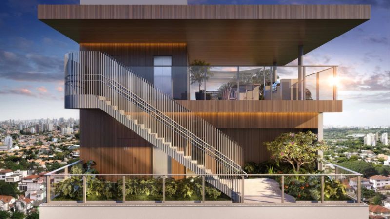 Fachada do Noon Vila Madalena, com design contemporâneo e áreas comuns integradas à natureza.
